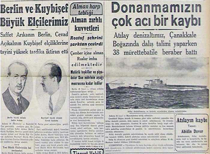 Atılay denizaltısının  batışı ile ilgili gazete haber küpürü.